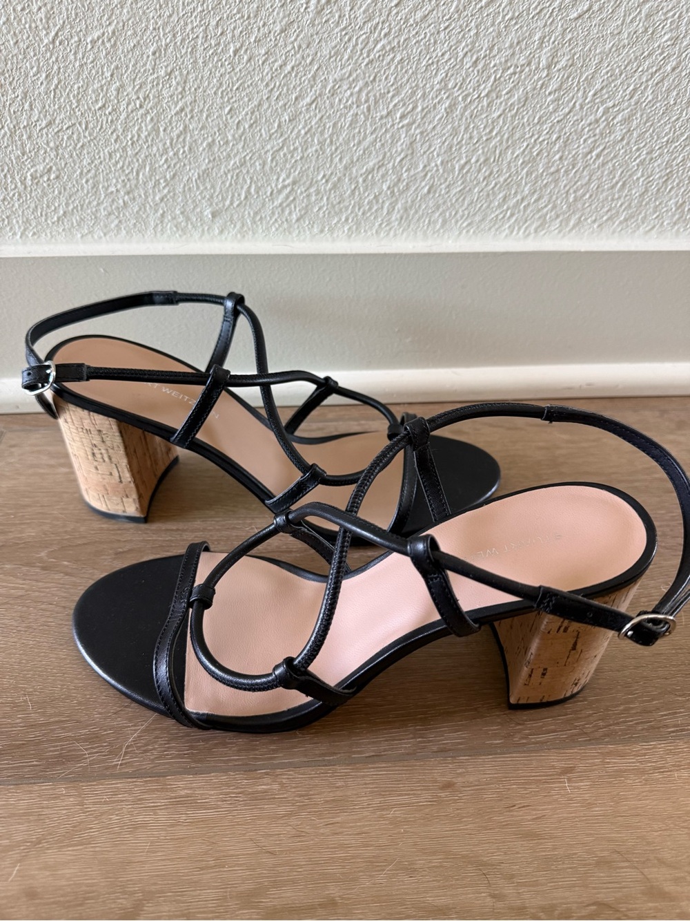NWOB Stuart Weitzman Nilla 75 Block Sandals Heels Black Leather Cork 9.5 B $495